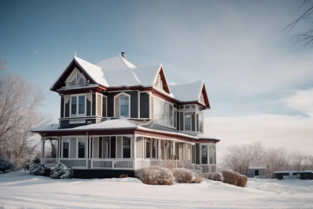 Victorian home with vinyl siding mimicking wood in Aurora during winter