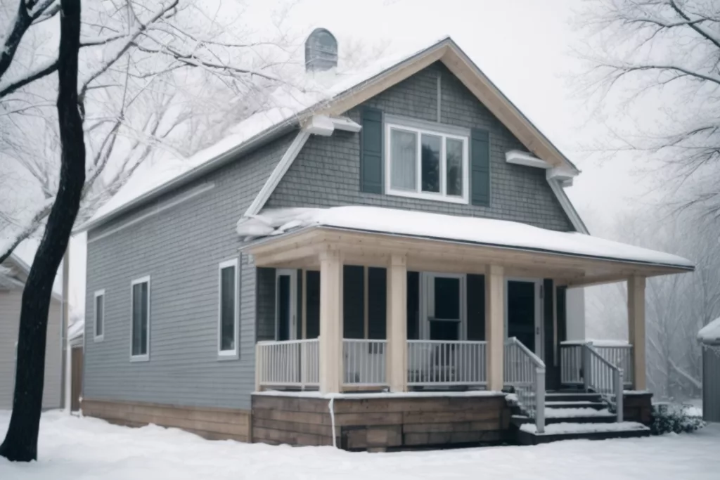house with vinyl siding in snowy weather with visible insulation layers